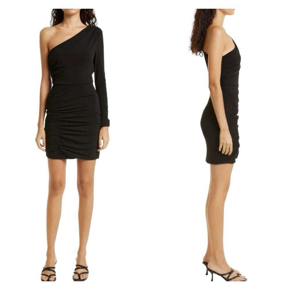 Cinq a Sept Alora One-Shoulder Ruched Mini Dress Black Size 14 NWT